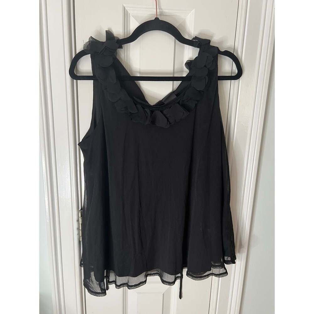 j.t.b. Black Mesh Sleeveless Blouse Floral Applique Neck Tie Back Large